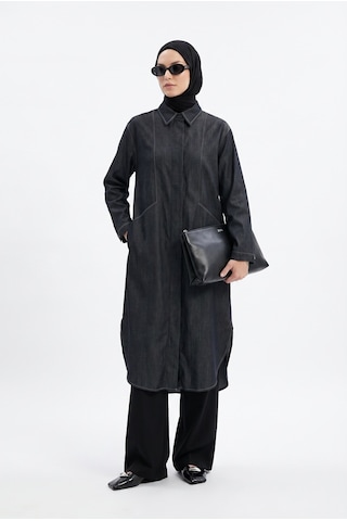 Armine Trend Konstrast Dikiş Detaylı Oval Kesim Tunik Antrasit 26yt442