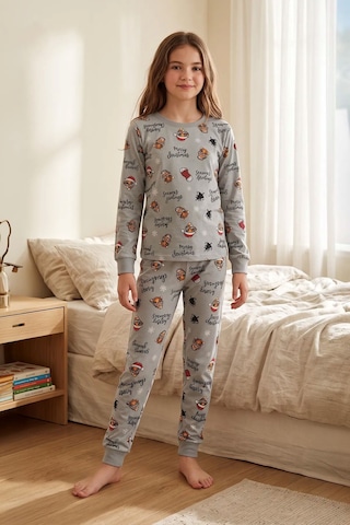 Zuzunga Kız Çocuk Yılbaşı Temalı Tiger Desenli Uzun Kollu Pijama Takımı Gri