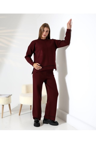 Kontrast Dikişli Kadın Triko Takım Bordo