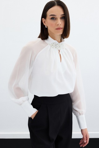 Sateen Yaka Aksesuarlı Bluz - Ekru-133754 Ekru