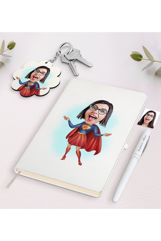 Kişiye Özel Süper Anne Karikatürlü Beyaz Defter Kalem Ve Anahtarl