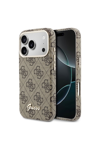 Apple Uyumlu iPhone 17 Pro Max Kılıf Guess Lisanslı M-safeli Script Yazı Logolu 4g Desenli Kapak Kahverengi