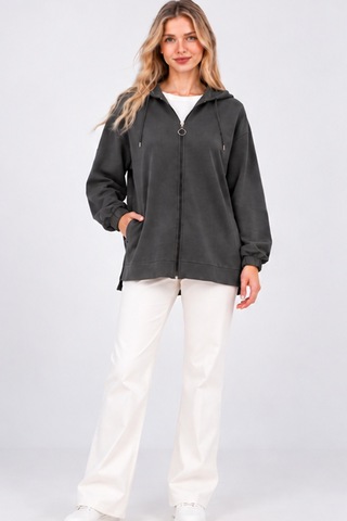 Fiolin Kristal 2 İplik Salaş Fermuarlı Sweatshirt Füme
