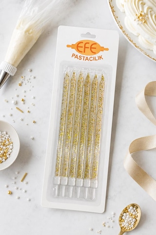 Beyaz Gold Simli Uzun Pasta Mumu 17 Cm Karışık