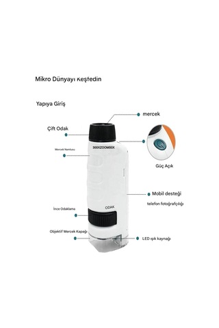 Micro1 Küçük Boy Mini Mikroskop Eğitici Mikroskop Zoom Led Işıklı 300x Zoom