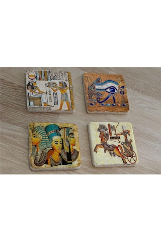 Hathor Ra'nın Gözü Horus Ramses Ve Firavunlar Doğal Taş Bardak Altlığı 4'lü Set - Natural Stone Coasters - Taş Çok Renkli