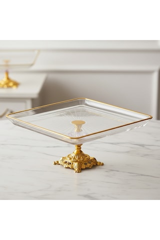Assa Bazaar Kristal Metal Ayaklı Yaldızlı Kare Pasta Sunumluk Altın