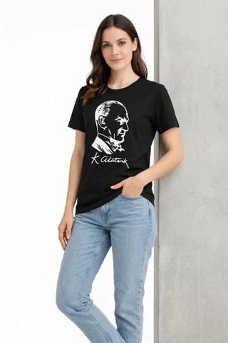 Modi Atatürk Baskılı Tişört Kısa Kollu Bisiklet Yaka T-shirt - Siyah Açık Siyah