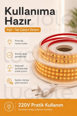 20 Metre 220v Amber Şerit Led Hazır Fişli Tak Çalıştır Silikonlu Yapışkanlı Dış Mekan