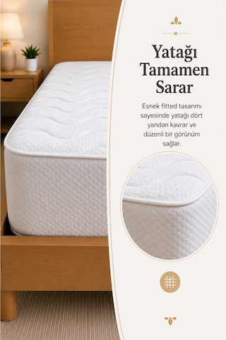 Kapitoneli Fitted Bazalı Sıvı Geçirmez Yatak Alez Koruyucusu Beyaz Beyaz