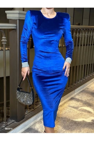Kadın Bisiklet Yaka Vatkalı Manşet Detay Kadife Kumaş Midi Boy Elbise Saks Mavi