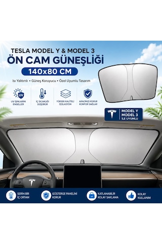 Polham 140x80 Cm Tesla Model Y Ve Model 3 İle Uyumlu Ön Cam Güneşliği, Isı Yalıtımlı Güneş Koruyucu 23311732