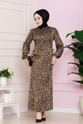 Yanı Bağcıklı Leopar Desenli Tesettür Abiye-hardal-4684