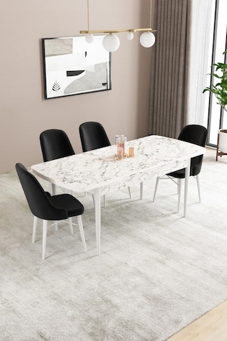 Sar Pakete Almira Serisi, Beyaz Mermer Desen 80x132 Açılabilir Mdf Mutfak Masası Takımı 4 Adet Sandalye Siyah