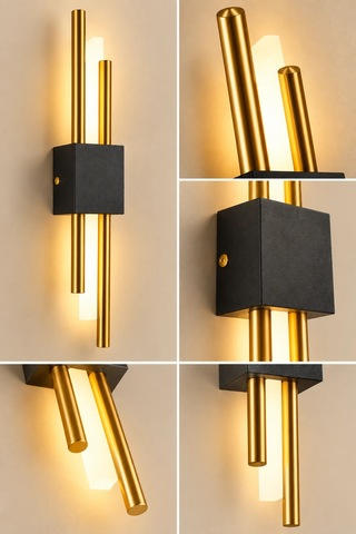 Premıum Modern Siyah Gold Çift Borulu Led Aplik 3w Dekoratif Duvar Aydınlatması 50 Cm