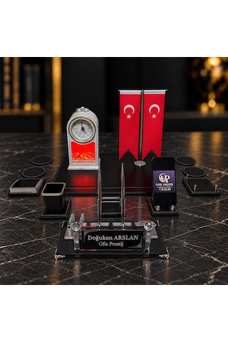 Ofis Prestij 13 Parça Şömine Saatli Kristal Kişiye Özel İsimlik Ve Sümen Seti Siyah