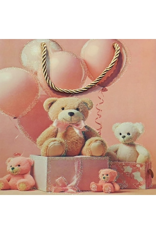 Ayıcık Desenli Pembe Büyük Boy Karton Hediye Çantası Diğer
