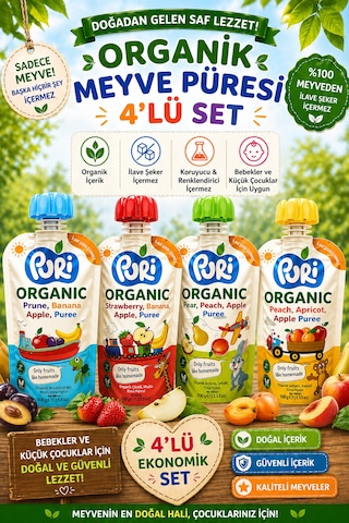 Organic %100 Organik Meyve Püresi 100 G x 4 Karışık Aroma İlave Şekersiz 4'lü Set