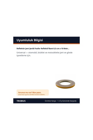 Trobus Reflektör Jant Şeridi Fosfor Reflektif Bant 0,5 Cm X 10 Metre Sarı