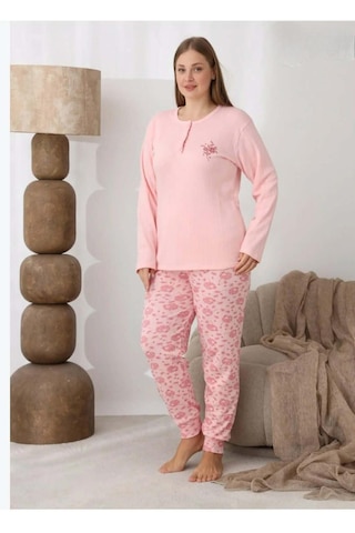 Boyraz Lindros Kadın Düğme Yaka Raporlu İnterlok Kışlık Battal Pijama Takımı 0330 - 1 Adet Pembe
