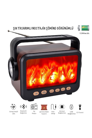 Şömine Tasarımlı Retro Taşınabilir Bluetooth Speaker Güneş Eneji Şarj Özelliği El Feneri Fm Radyo/usb/aux/
