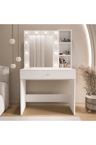 Robin Home Hollywood Makyaj Masası Çekmeceli Düzenleyici Hollywood Led Işıklı Raflı Beyaz