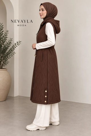 Nevayla Moda Mevsimlik Kapüşonlu Yelek - Kahverengi / M117