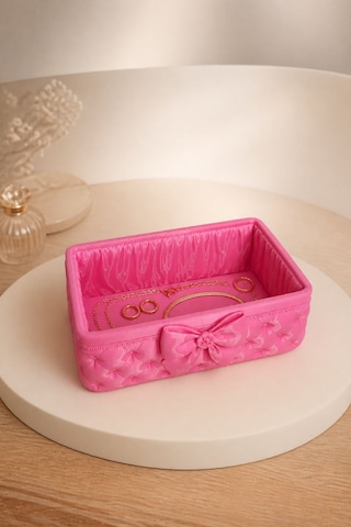 Fiyonk Detaylı Takı Ve Makyaj Organizer Kutusu Modern Masaüstü Düzenleyici Pembe