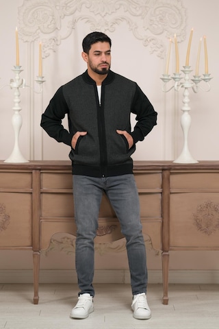 Woolen World Pilot Yaka Fermuar Kapamalı Klasik Kesim Astarlı Desenli Çelik Örgü Hırka Siyah