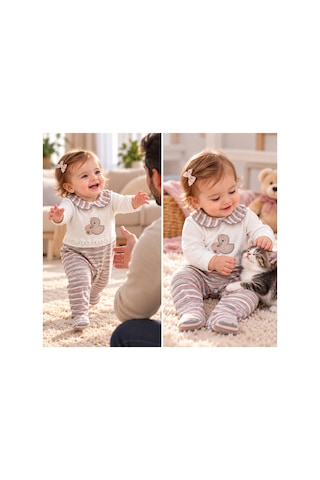 Messlife Ördek Nakışlı Çizgili Kız Bebek Tulumu Beyaz - 929694752 Beyaz
