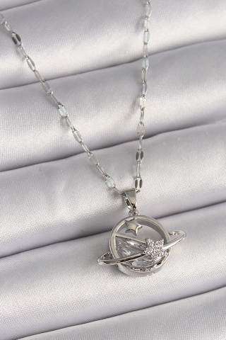 Gümüş Renk Zincir Zirkon Taşlı Yıldız Detay Gezegen Model Kadın Kolye - Ebj241228w30251 Bakır