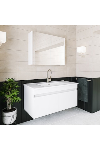 Banos Al3 Lavabolu Beyaz 100 Cm Aynalı Banyo Dolabı Takımı Beyaz