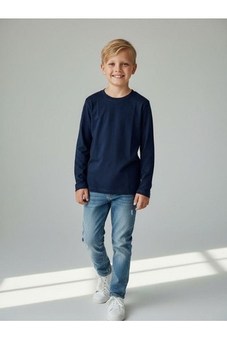 Zekids Erkek Çocuk Pamuklu Uzun Kol Basic T-shirt-16713 Lacivert