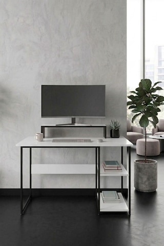 Vienna 2 Raflı Metal Ayak Çalışma Masası Laptop Masası Bilgisayar Masası 60x120cm Beyaz - Siyah Beyaz