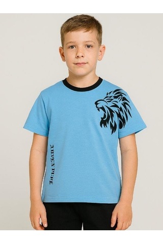 Çocuk Aslan Baskılı Pamuklu Oversize T-shirt-16014 Mavi