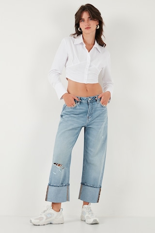 Lela Fitted Fit Pamuklu Korse Detaylı Uzun Kollu Crop Bayan Gömlek 611Go00376 Beyaz