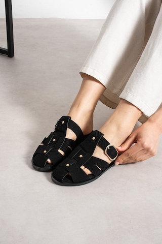 Shoetek Olwa Kadın Pimli Terlik Bantlı Tokalı Siyah Süet
