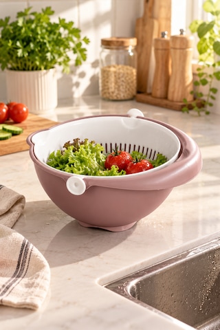 Porsima 1312 Aqua 360 Derece Döner Çift Katlı Mutfak Süzgeci 24 Cm - Kulplu Meyve, Sebze Ve Pirinç Yıkama Süzgeçli Kase Pudra Pudra Pembe