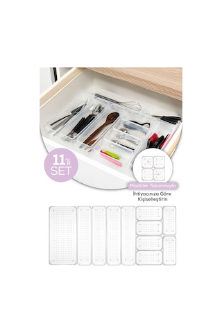 Vienev Çekmece İçi Kaşıklık - Dolap İçi Çatal-kaşık Bıçak Düzenleyici Organizer 11li Set Beyaz