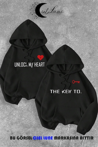 Nevermind Sevgili Çift Kombin Key To Yazı Baskılı Renk Kapüşonlu Sweatshirt Siyah
