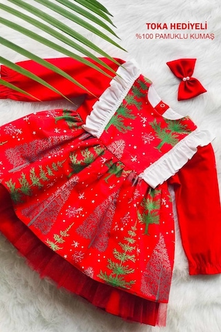 Yeniyıl Çam Ağaç Desenli Kırmızı Kız Çocuk Bebek Noel Elbise 001