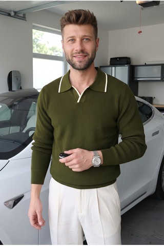Kamalı Erkek Oversize Selanik Örgü Polo Yaka Triko Kazak Haki