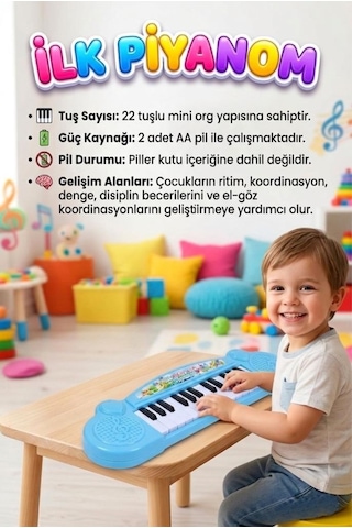 Küçük Elektronik Piyanom Sesli Pilli 22 Tuşlu Taşınabilir Eğlenceli Oyuncak Piyano