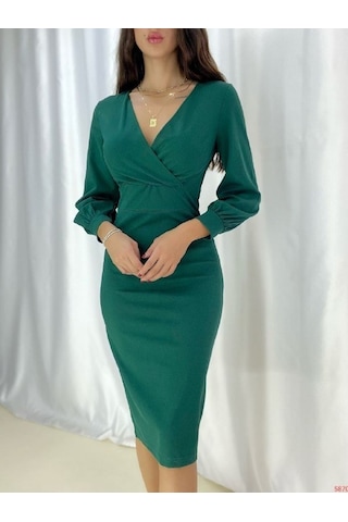 Kadın Kruvaze Yaka Balon Kol Midi Boy Elbise Bediva 001