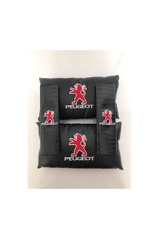 Peugeot Nakışlı Deri 1 Çift Boyun Yastık Ve 1 Çift Kemer Pedi Siyah