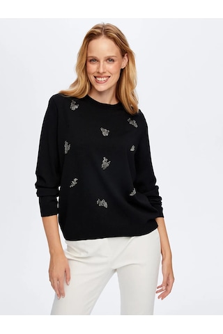 Faik Sönmez Boncuk Nakış Detaylı Uzun Kollu Kadın Triko Bluz W26trb018 Siyah