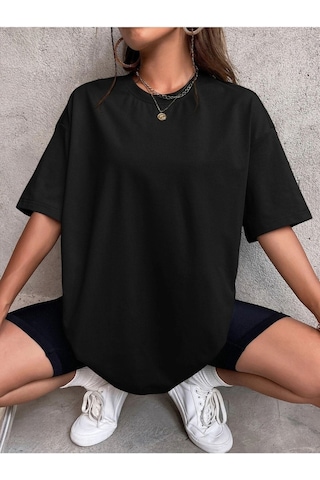 Düz Basic T-shirt - Siyah Oversize Bisiklet Yaka Kısa Kol SIYAH