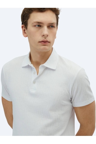 Kip Beyaz Desenli Polo Yaka Pamuk Karışımlı T-shirt Beyaz