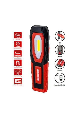 İzeltaş Cob Led Şarjlı Büyük Boy Çalışma Lambası 600 Lm Kırmızı - Siyah