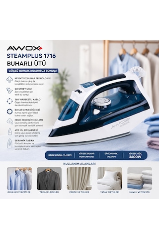 Koyu Mavi - Beyaz Buharlı Ütü Seramik Taban - 360 Hareketli Kablo - Buhar Ayarlama 2100w Steamplus-